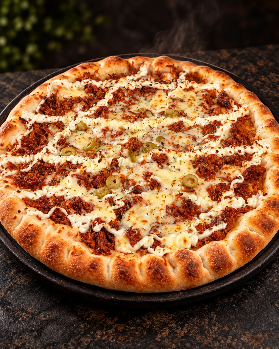 Pizza Hunter com massa dourada, queijo derretido e carne seca — foto aprimorada